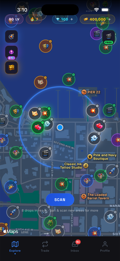 The FilmCatch map: film drops spawning around a player in downtown Bradenton