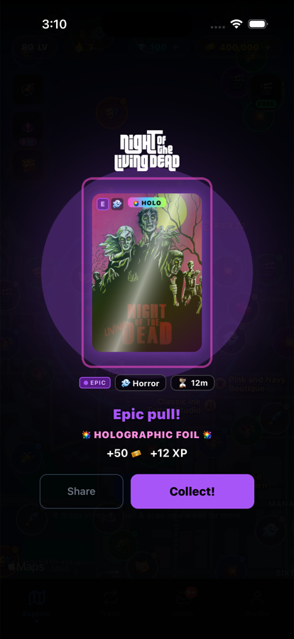 An Epic holographic Night of the Living Dead card being revealed in FilmCatch