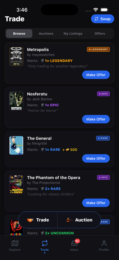 The FilmCatch marketplace: listings from other collectors with rarity-coded wants